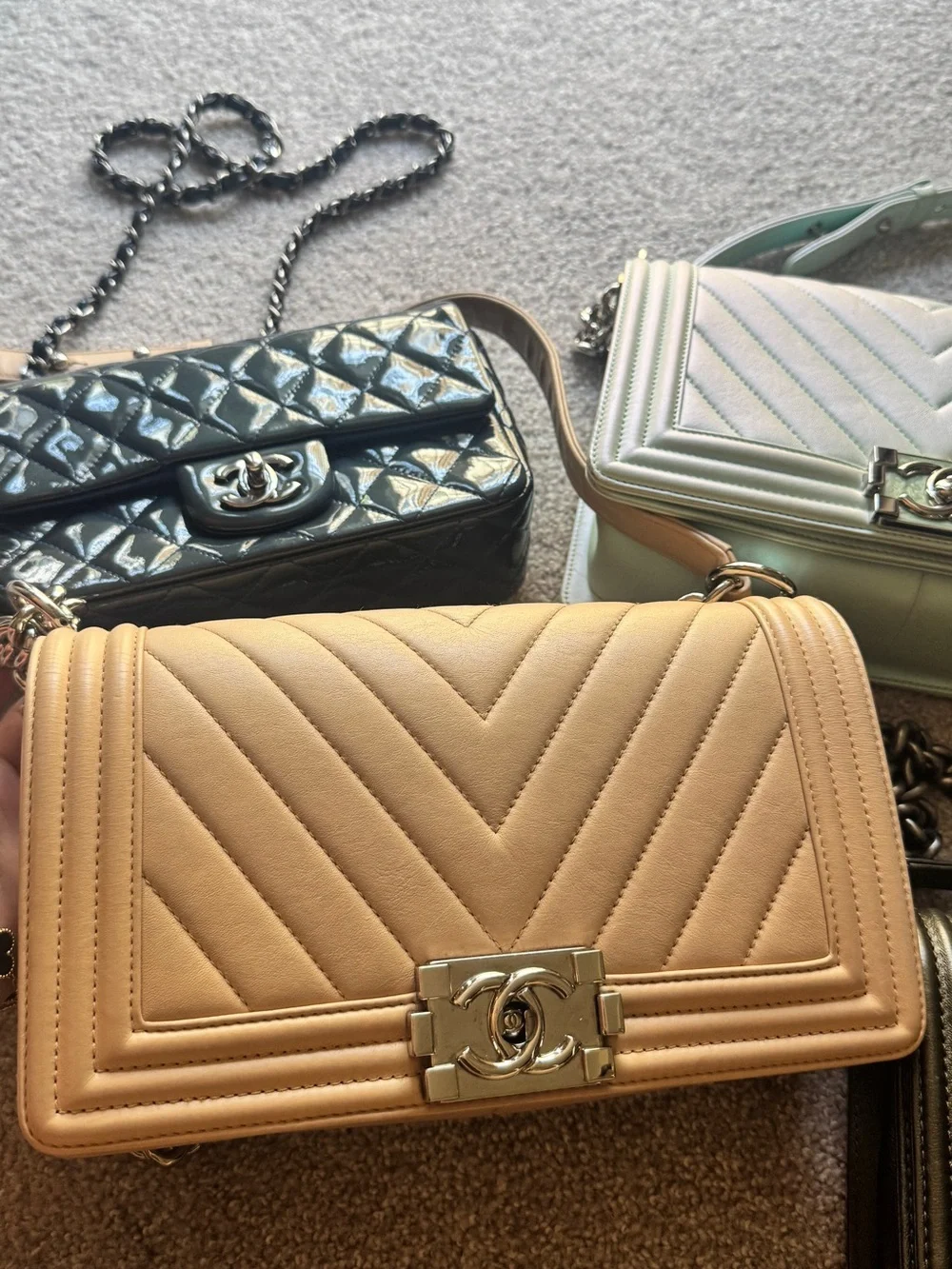 CHANEL Chevron Leather Boy Bag in Beige with Silver-Tone Hardware